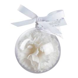 White flower-shaped soap in a clear round ornament with a ribbon bow