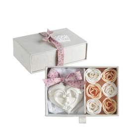 Gift box with a heart ornament and six rose-shaped soaps
