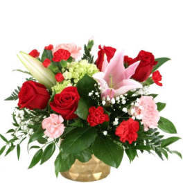 Red roses and pink lilies in a gold vase