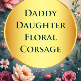 Floral corsage graphic with pink and peach flowers around a yellow circle