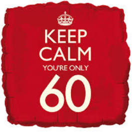 Red square balloon with white text reading Keep Calm You're Only 60