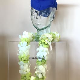 Glass bust wearing a blue graduation cap and a white-green flower lei