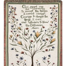 Woven wall hanging with a tree and the Serenity Prayer text