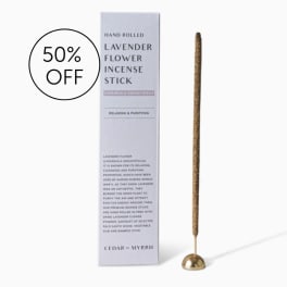 Lavender incense stick beside its box with a 50% off label