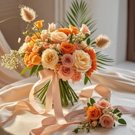 Peach and orange rose bouquet with a matching boutonniere on satin ribbon
