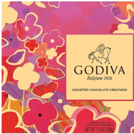 Godiva assorted chocolate box with a colorful floral pattern