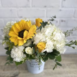 Sunflower and white hydrangea bouquet in a white container