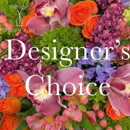 Mixed bouquet with pink orchids, orange roses, and purple flowers