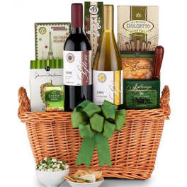 Gift basket with wine, crackers, chocolates, and cookies