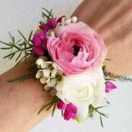 Pink and white wrist corsage