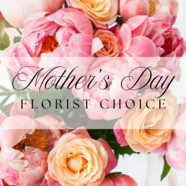 Pink and peach roses with Mother's Day text overlay