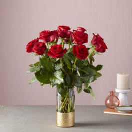 Red roses arranged in a clear glass vase with a gold base