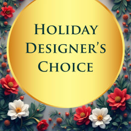 Holiday designer's choice graphic with red and white flowers around a yellow circle