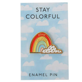 Rainbow enamel pin on a cloud-patterned card
