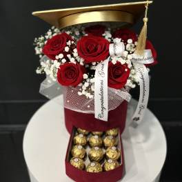 Graduation flowers in the box with 12 chocolates!
