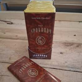 Two wrapped milk chocolate bars on a wooden surface