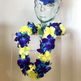 Graduation display with a blue cap and a lei of yellow and purple flowers