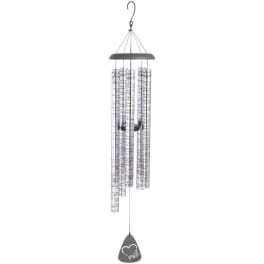 Hanging metal wind chime with printed silver tubes and a heart-shaped clapper