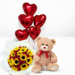 Red Roses & sunflower, 5 balloon & teddy Bear bundle