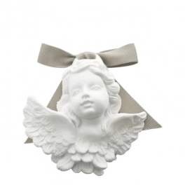 White angel ornament with a beige ribbon bow