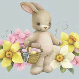 Stuffed bunny holding a basket of pastel eggs surrounded by flowers