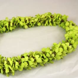 Lime-green floral lei made of clustered blossoms on a light background