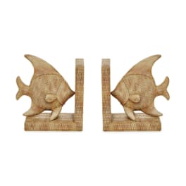 Pair of woven fish-shaped bookends on a white background