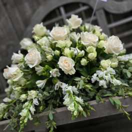 Dearest memories white casket spray