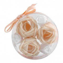Round clear box with pale peach roses and a ribbon bow