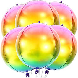 Five iridescent rainbow balloons with purple ties