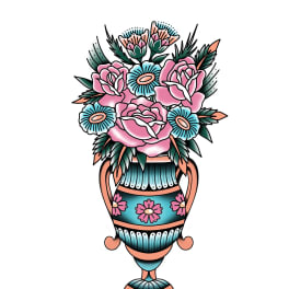 Pink and blue floral bouquet in a decorative vase