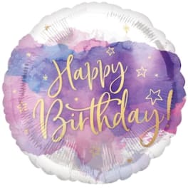 Round balloon with "Happy Birthday" text in purple and pink