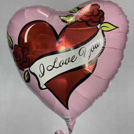 Pink heart-shaped balloon with "I Love You" text and rose graphics