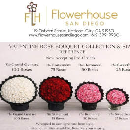 Poster showing four rose bouquets in white, red, and pink.