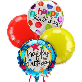 Cluster of colorful birthday balloons with two printed "happy birthday" balloons