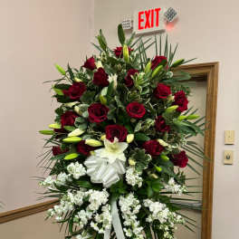 Funeral Standing Spray. The photo shows the deluxe size.