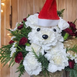 White floral teddy bear with a red Santa hat and burgundy accents