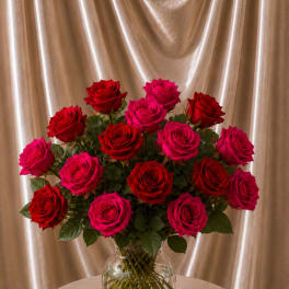 Fuchsia & Red Rose Garden in Clear Vase