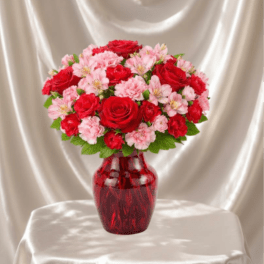 Red roses and pink carnations in a red glass vase