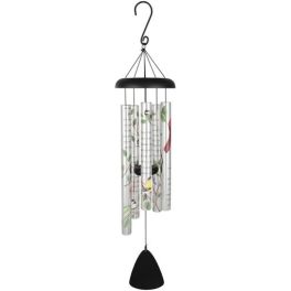 Hanging wind chime with printed metal tubes and a black top and clapper