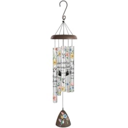 Floral-patterned wind chime with hanging metal tubes and a hummingbird ornament