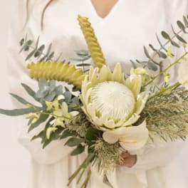 Heavenly wedding bouquet tones of white yellow silver eucalyptus greens