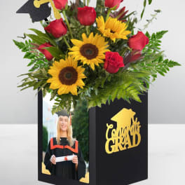 Graduation box roses and sunflowers