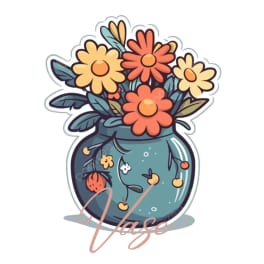 Illustration of colorful flowers in a blue vase with the word Vase