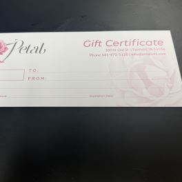 Pink floral gift certificate card with rose logo