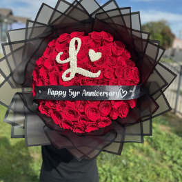 Red Ramo Buchon with Initial & Ribbon