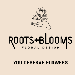 Floral design logo beside a colorful bouquet of mixed flowers