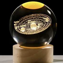 Glass orb with a glowing solar system design on a pedestal
