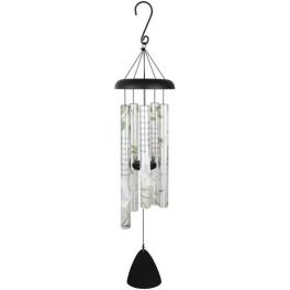 Black metal wind chime with clear tubes and a hanging clapper