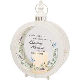 White memorial lantern with butterfly and floral wreath design